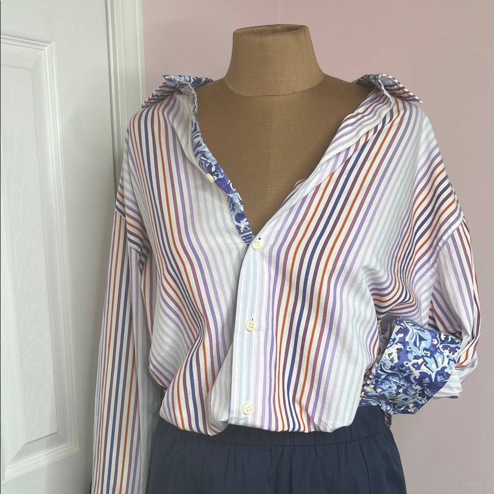 Tallia Mens Cotton Striped Button Down Shirt Boyfriend Fit Size Large Unisex